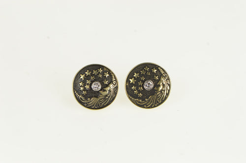 10K Diamond Crescent Moon Face Star Sky Stud Earrings Yellow Gold