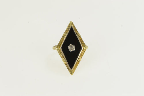 14K Art Deco Black Onyx Diamond Squared Flower Ring Yellow Gold