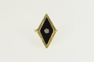 14K Art Deco Black Onyx Diamond Squared Flower Ring Yellow Gold