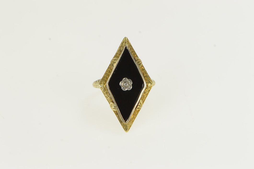 14K Art Deco Black Onyx Diamond Squared Flower Ring Yellow Gold