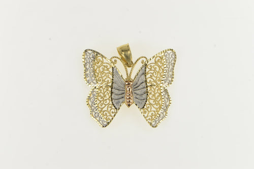 14K Ornate Two Tone Filigree Butterfly Change Pendant Yellow Gold