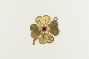 14K 1960's Pearl Syn. Ruby Flower Shamrock Charm/Pendant Yellow Gold