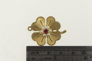 14K 1960's Pearl Syn. Ruby Flower Shamrock Charm/Pendant Yellow Gold