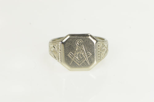 10K Masonic Compass Engraved Vintage Ring White Gold