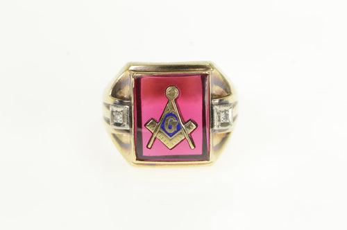 10K Vintage Masonic Diamond Simulated Ruby Ring Yellow Gold