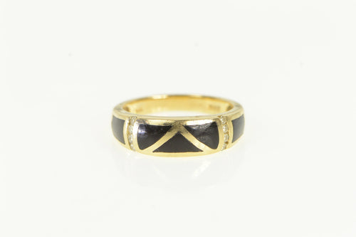 14K Black Onyx Inlay Diamond Statement Band Ring Yellow Gold