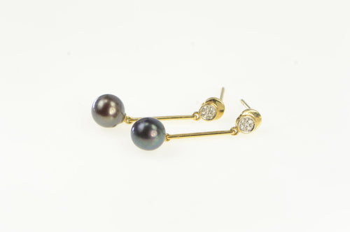 14K Dark Blue Pearl Diamond Drop Dangle Earrings Yellow Gold