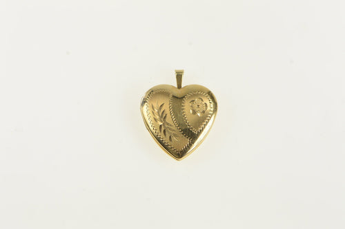 14K Engraved Vine Flower Heart Photo Locket Pendant Yellow Gold
