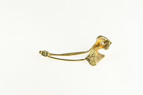 18K Calla Lily Pearl Vintage Floral Ornate Pin/Brooch Yellow Gold