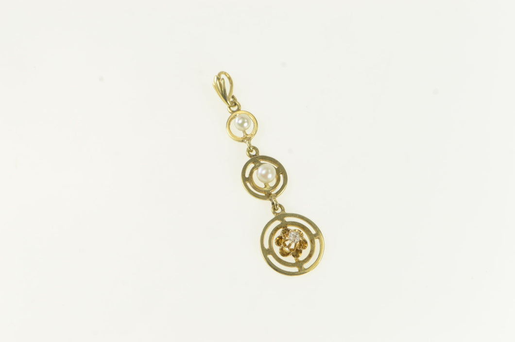 14K Victorian Pearl Diamond Tiered Circle Pendant Yellow Gold