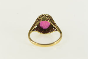 14K Art Deco Syn. Ruby Leaf Vine Filigree Ring Yellow Gold