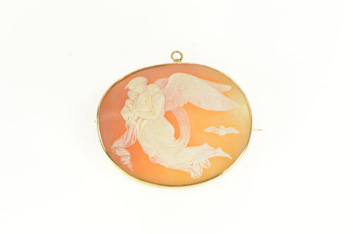 10K Carved Elaborate Guardian Angel Cameo Pendant Yellow Gold