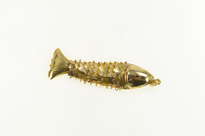 14K 1960's Syn. Ruby Articulated Fish Ornate Pendant Yellow Gold