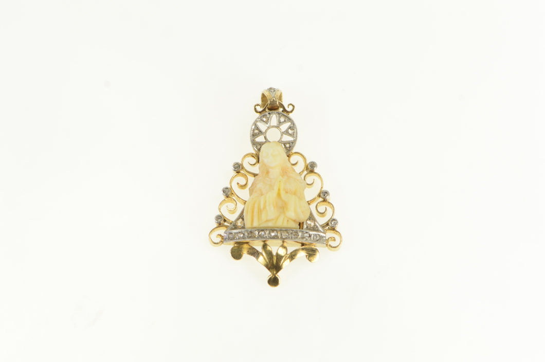 14K 1850's Virgin Mary Diamond Antique Pendant Yellow Gold