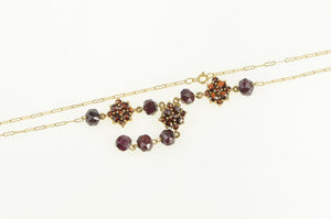 14K Ornate Garnet Cluster Beaded Chain Drop Necklace 16.75" Yellow Gold