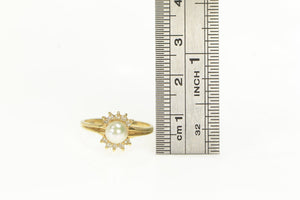 14K Vintage Pearl Diamond Halo Statement Ring Yellow Gold