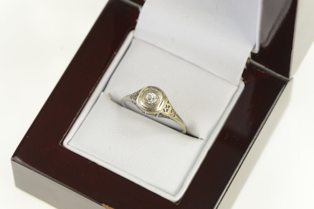 14K Art Deco Filigree Diamond Promise Ring White Gold