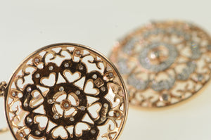 14K Ornate Heart Diamond Filigree Dangle Earrings Rose Gold