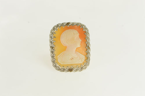 10K Art Deco Filigree Carved Shell Cameo Pin/Brooch White Gold