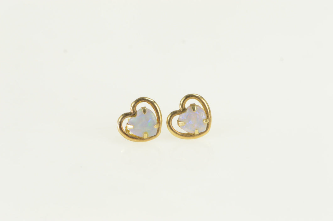 14K Heart Opal Vintage Love Symbol Stud Earrings Yellow Gold