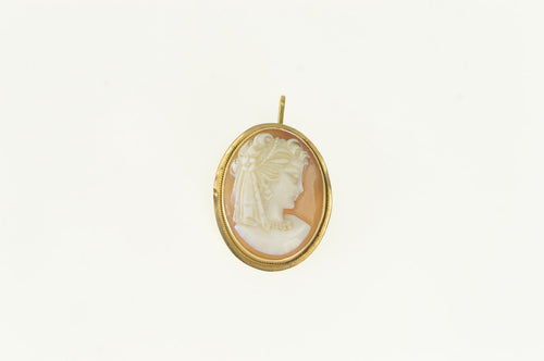 14K Victorian Carved Veiled Lady Cameo Pendant/Pin Yellow Gold