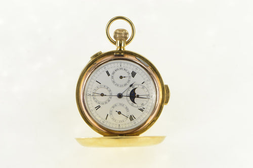 18K Chronograph Moon Phase Date Repeater Pocket Watch Yellow Gold