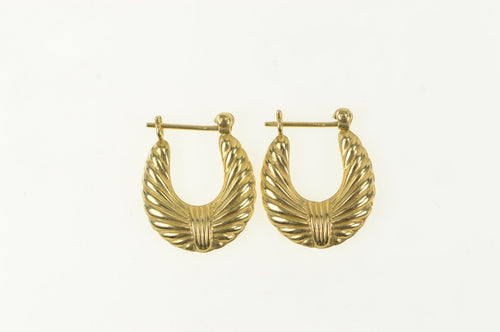 14K Puffy Scalloped Vintage Oval Hoop Earrings Yellow Gold