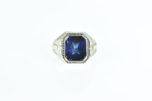 10K Art Deco Engraved Syn. Sapphire Ring White Gold