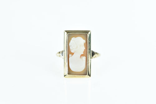 14K Carved Shell Cameo Square Vintage Ring Yellow Gold
