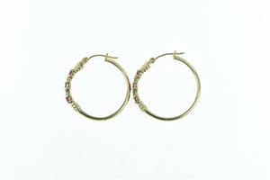 10K 25.7mm Ruby Diamond Vintage Hoop Earrings Yellow Gold