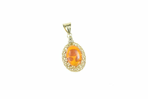 18K Carved Amber Rose Flower Cabochon Pendant Yellow Gold