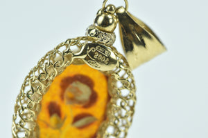 18K Carved Amber Rose Flower Cabochon Pendant Yellow Gold