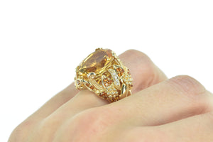 14K Elaborate Citrine Diamond Floral Cocktail Ring Yellow Gold