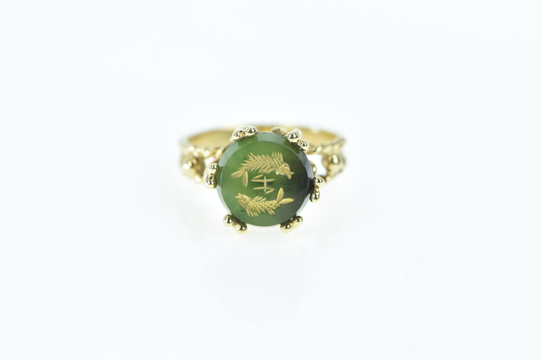 14K Asian Nephrite Pisces Astrology Zodiac Ring Yellow Gold