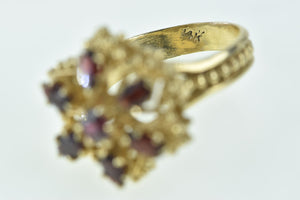 14K Vintage Ornate Garnet Flower Cocktail Ring Yellow Gold
