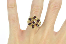 Load image into Gallery viewer, 14K Vintage Ornate Garnet Flower Cocktail Ring Yellow Gold