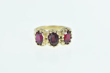 Load image into Gallery viewer, 14K Ornate Three Stone Oval Garnet Ring Yellow Gold