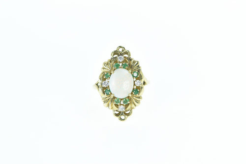 14K Opal Emerald Diamond Ornate Cocktail Ring Yellow Gold