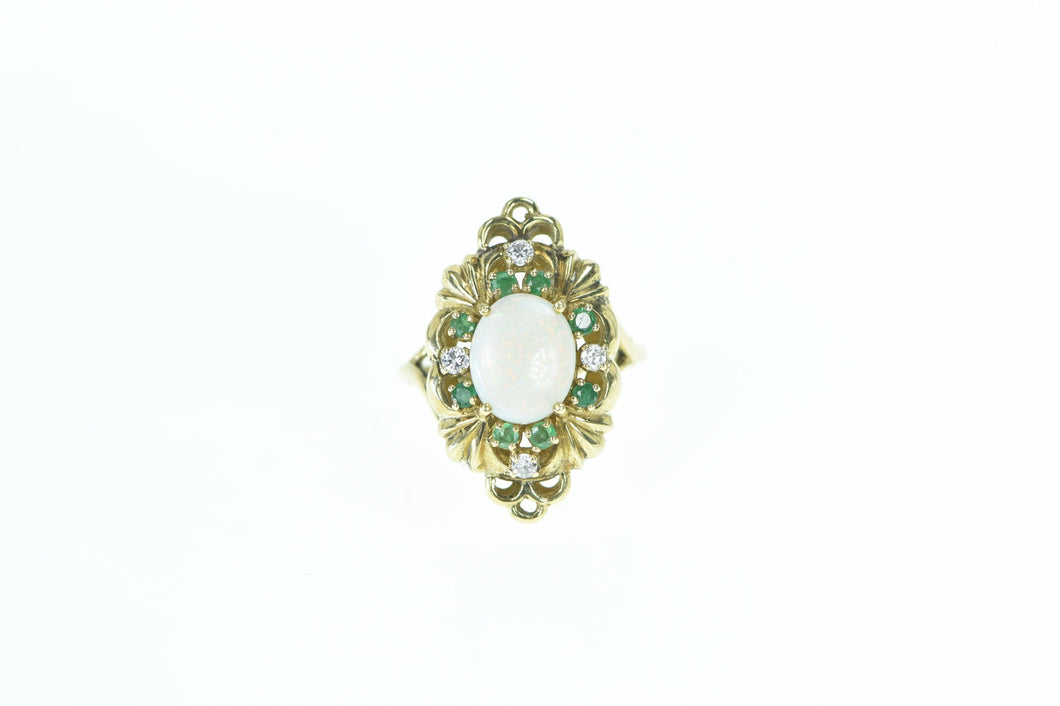 14K Opal Emerald Diamond Ornate Cocktail Ring Yellow Gold