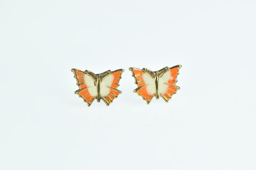 14K Enamel Ornate Orange Butterfly Stud Earrings Yellow Gold