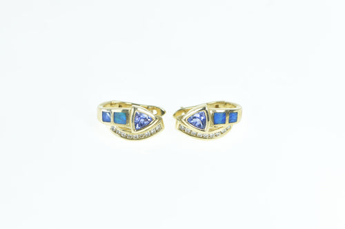 14K Trillion Tanzanite Opal Diamond Hoop Earrings Yellow Gold