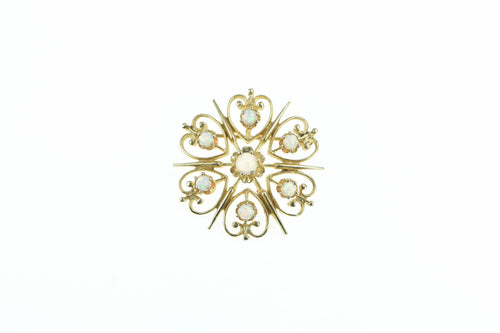 14K Ornate Opal Sun Burst Filigree Vintage Pin/Brooch Yellow Gold