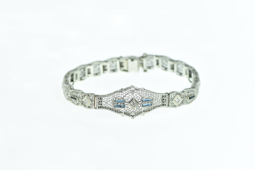 10K Art Deco Diamond Sapphire Filigree Bracelet 7