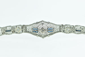 10K Art Deco Diamond Sapphire Filigree Bracelet 7" White Gold