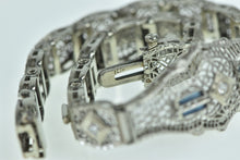 Load image into Gallery viewer, 10K Art Deco Diamond Sapphire Filigree Bracelet 7&quot; White Gold
