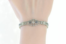 Load image into Gallery viewer, 10K Art Deco Diamond Sapphire Filigree Bracelet 7&quot; White Gold