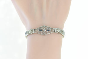 10K Art Deco Diamond Sapphire Filigree Bracelet 7" White Gold