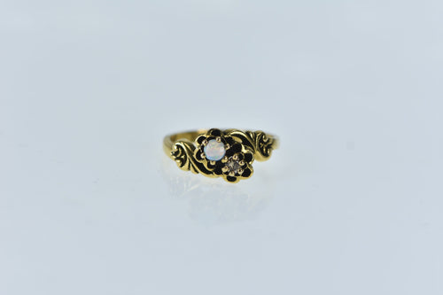 14K Ornate Opal Diamond Vintage Floral Ring Yellow Gold