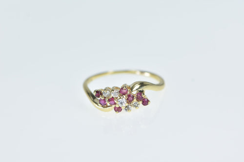 14K Wavy Diamond Ruby Cluster Vintage Ring Yellow Gold