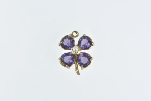 14K Heart Amethyst Pearl Clover Good Luck Charm/Pendant Yellow Gold